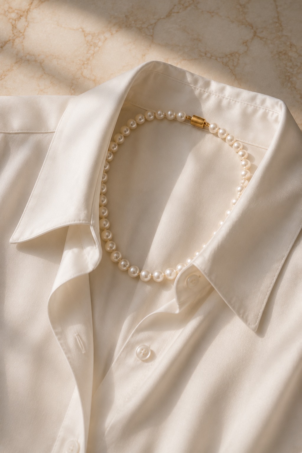 Close-up de colar de pérolas sobre gola de blusa de seda branca — elegância mínima