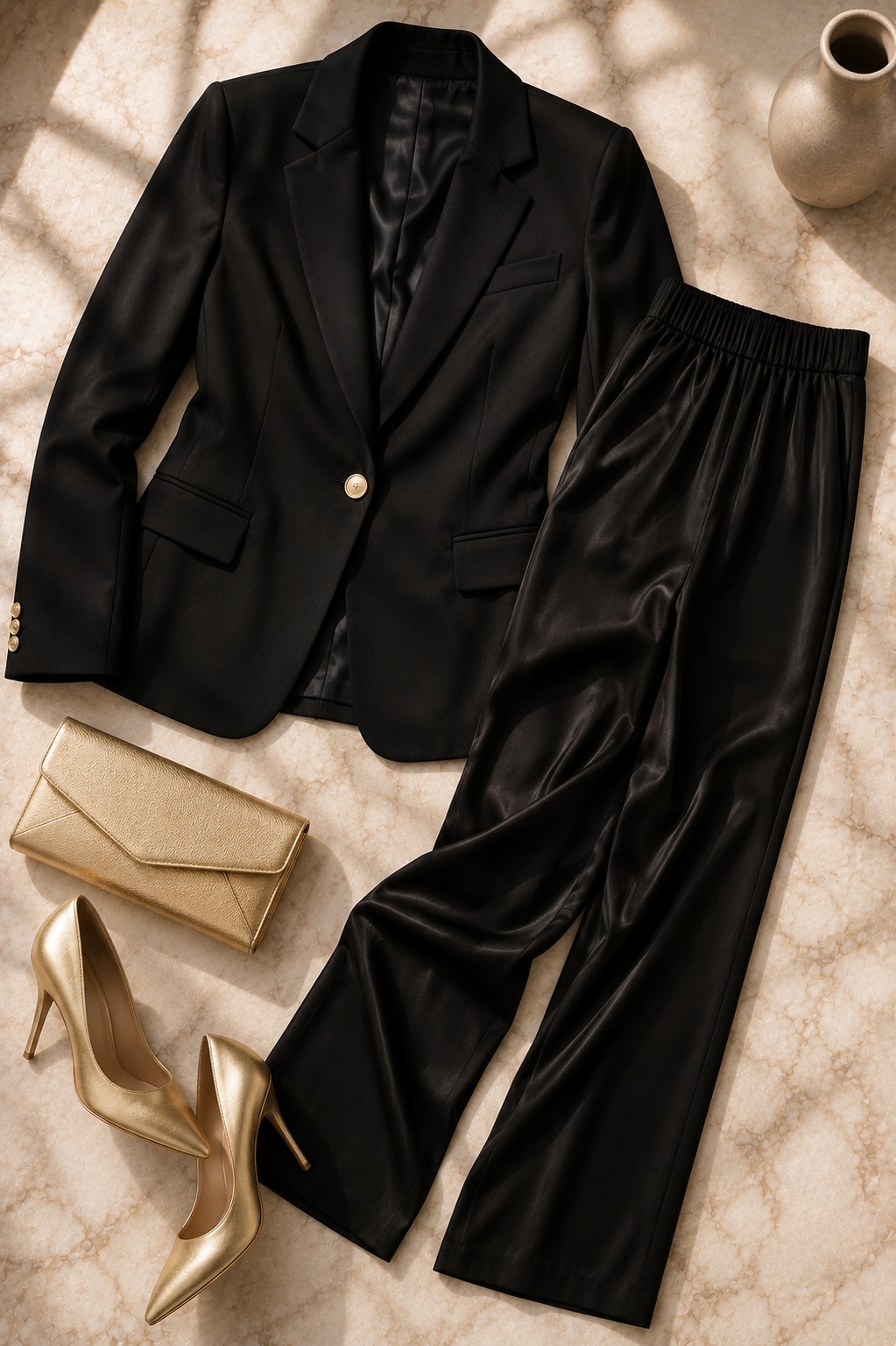 Flat lay de look versátil: blazer preto, calça de seda, scarpin e clutch dourada