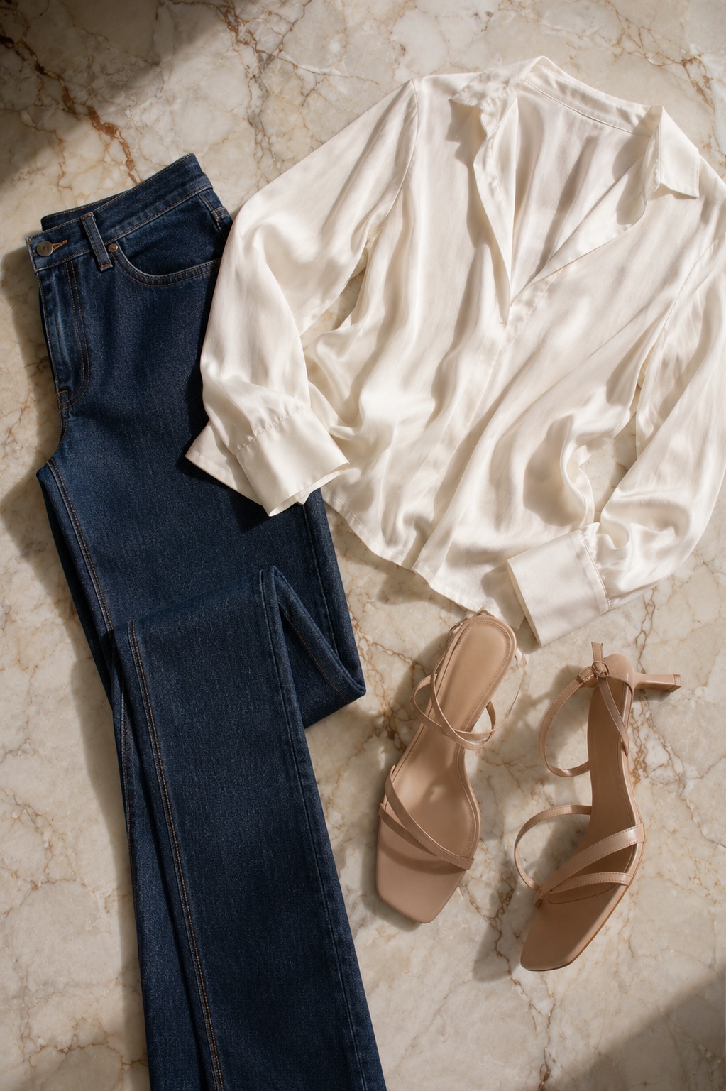 Flat lay de calça jeans reta com blusa de seda off-white e sandália nude — jeans sofisticado