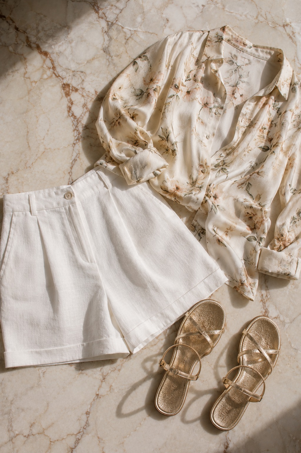 Flat lay de short de linho branco, camisa de seda estampada floral e sandália rasteira dourada