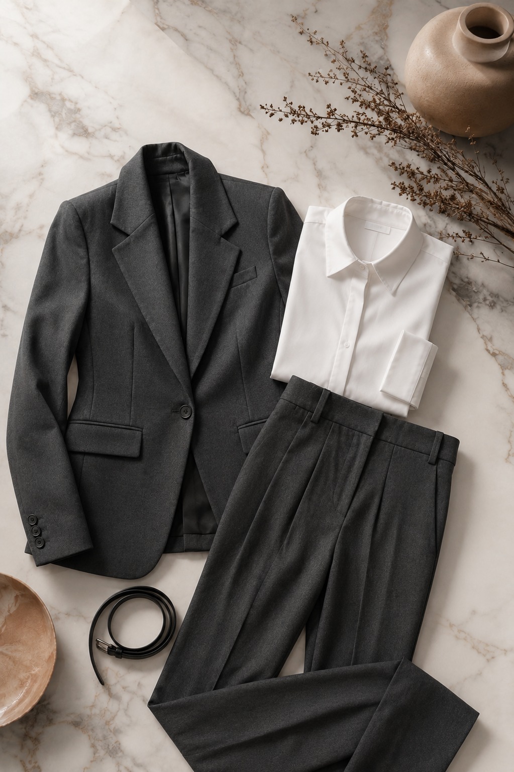 Flat lay de conjunto blazer e calça de alfaiataria cinza grafite com camisa branca