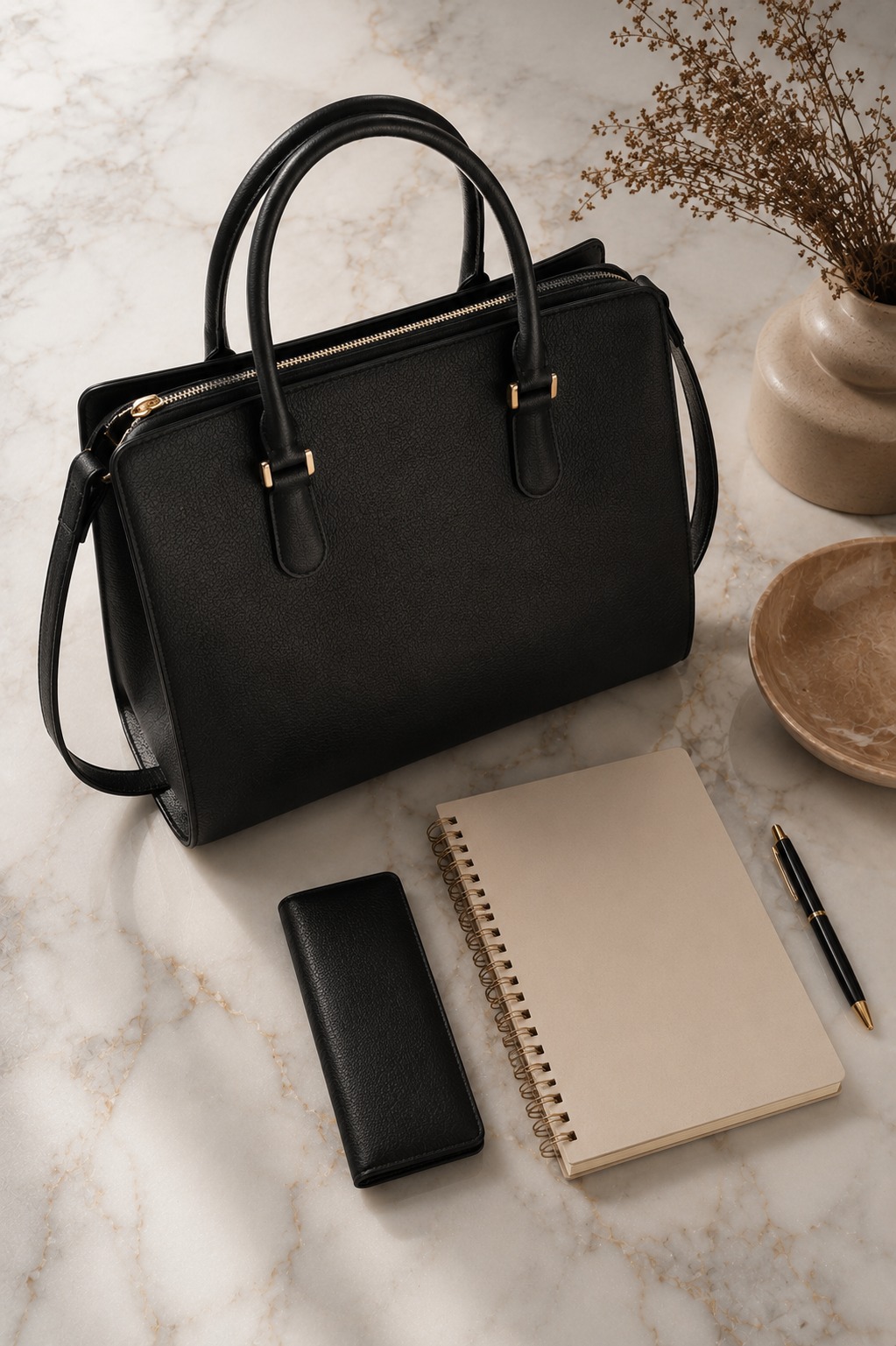 Flat lay de pasta executiva feminina de couro preto com carteira e bloco de notas