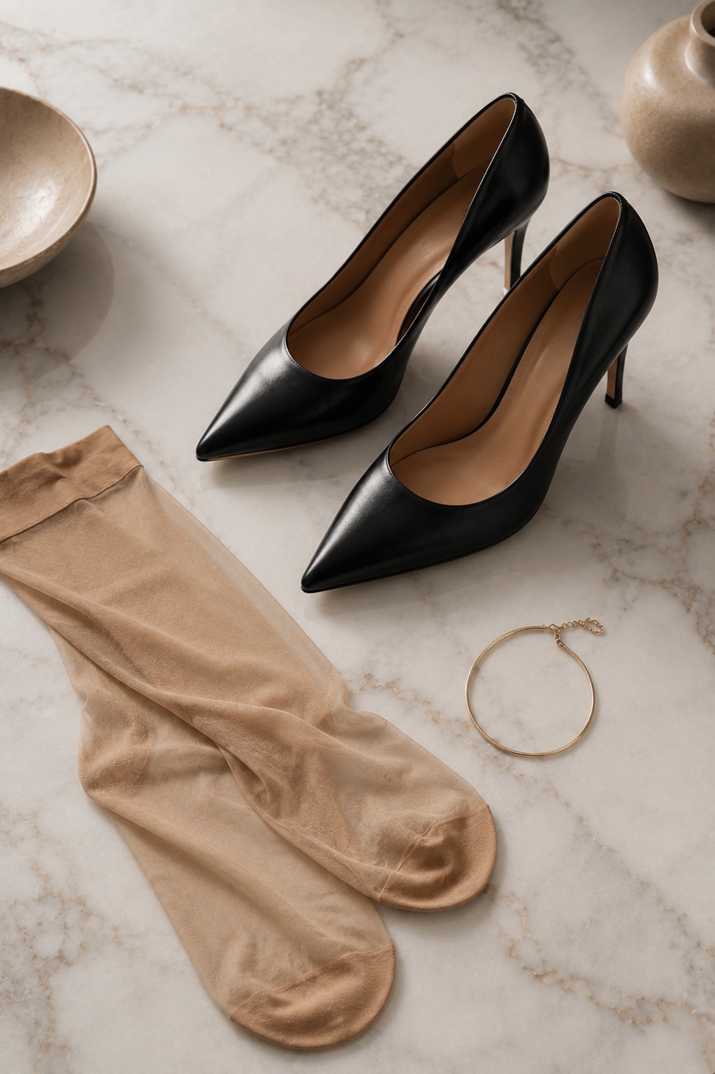 Flat lay de scarpin de couro preto bico fino com pulseira discreta — o sapato de poder