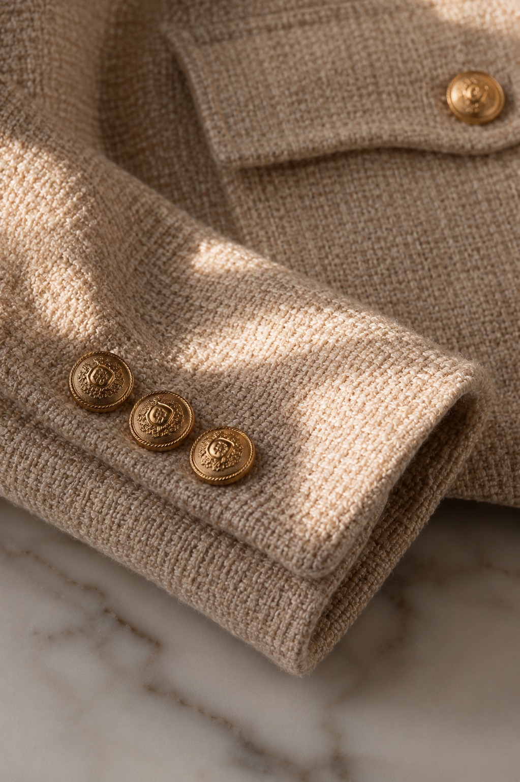 Close-up de detalhes de outono-inverno: botões dourados em tweed bege