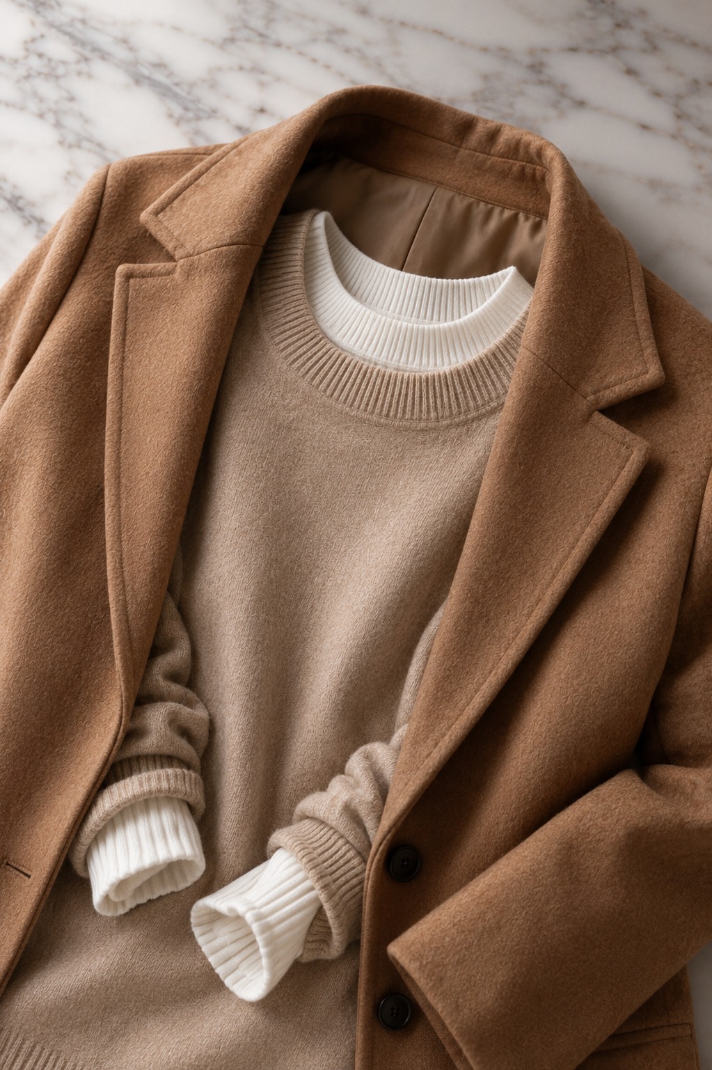 Flat lay de layering: blusa canelada, suéter e casaco caramelo empilhados
