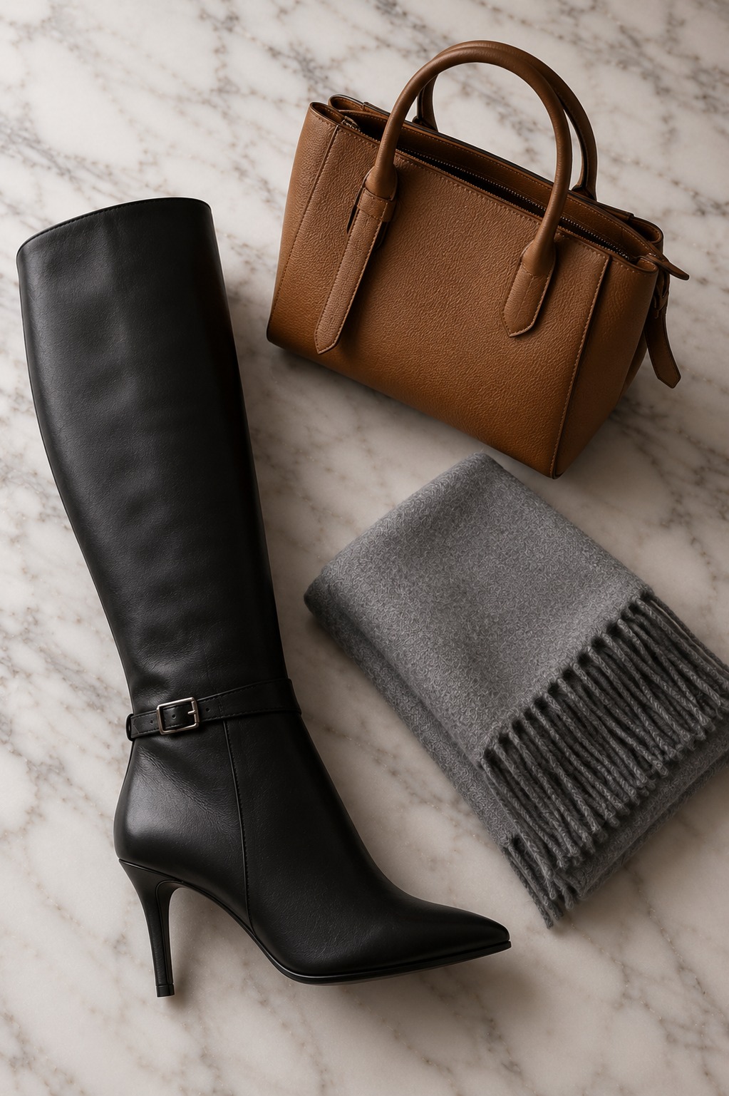 Flat lay de bota cano longo preta com bolsa caramelo e cachecol cinza