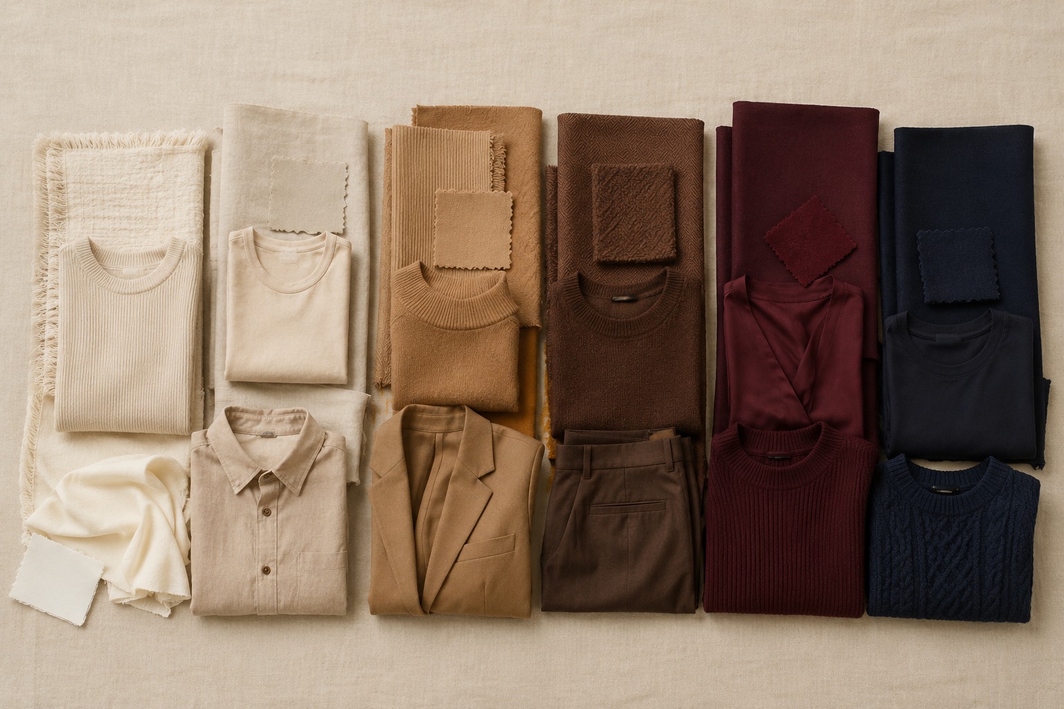 Peças dobradas organizadas em colunas por tonalidade, formando a paleta do guarda-roupa cápsula: off-white, bege, caramelo, marrom, bordô e azul marinho