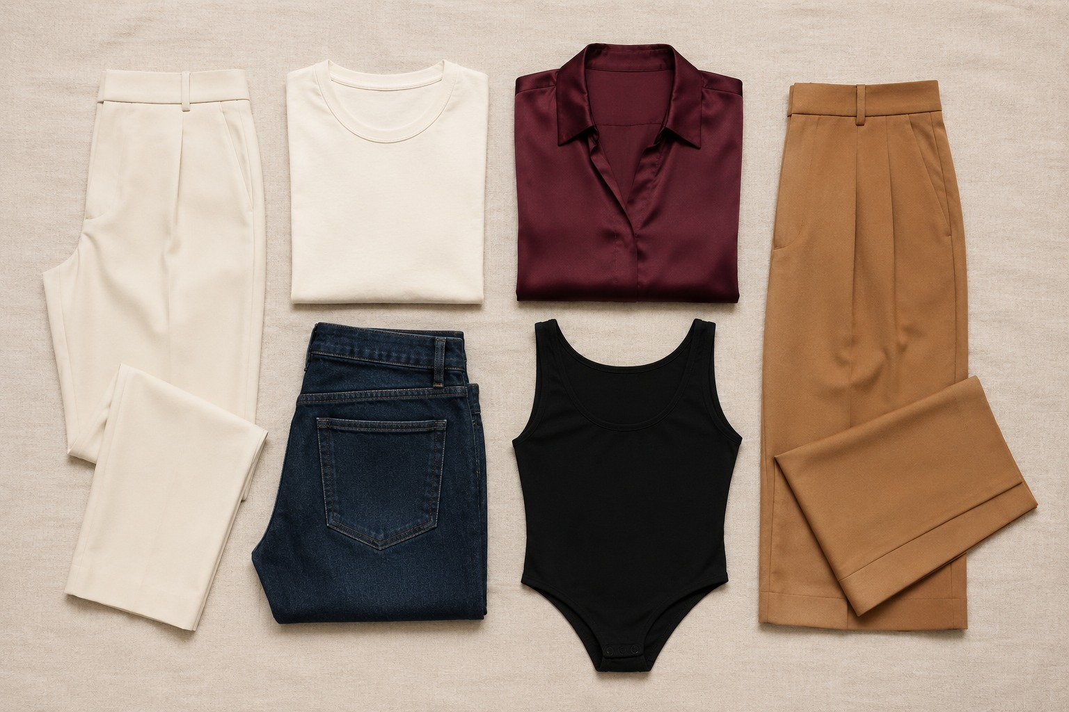Flat lay com as peças-base do guarda-roupa cápsula: calça off-white, camiseta branca, camisa bordô, jeans escuro, body preto e calça caramelo sobre fundo de linho