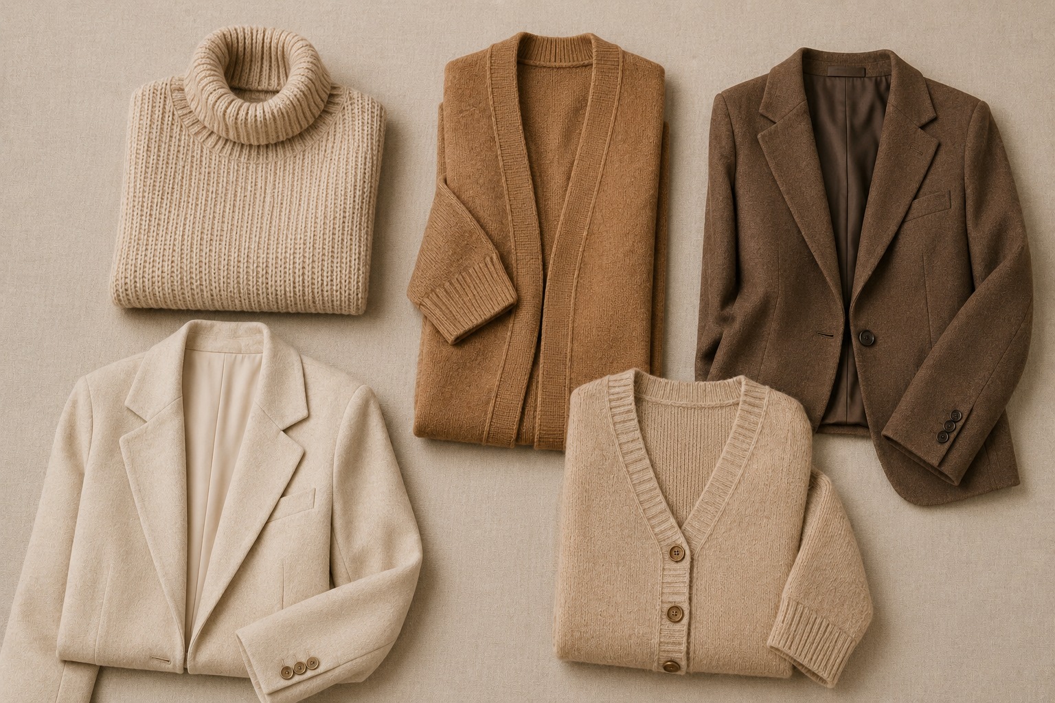 Flat lay com peças de segunda camada: suéter de gola alta bege, cardigã caramelo, blazer marrom, blazer oversized off-white e cardigã bege com botões sobre fundo de linho