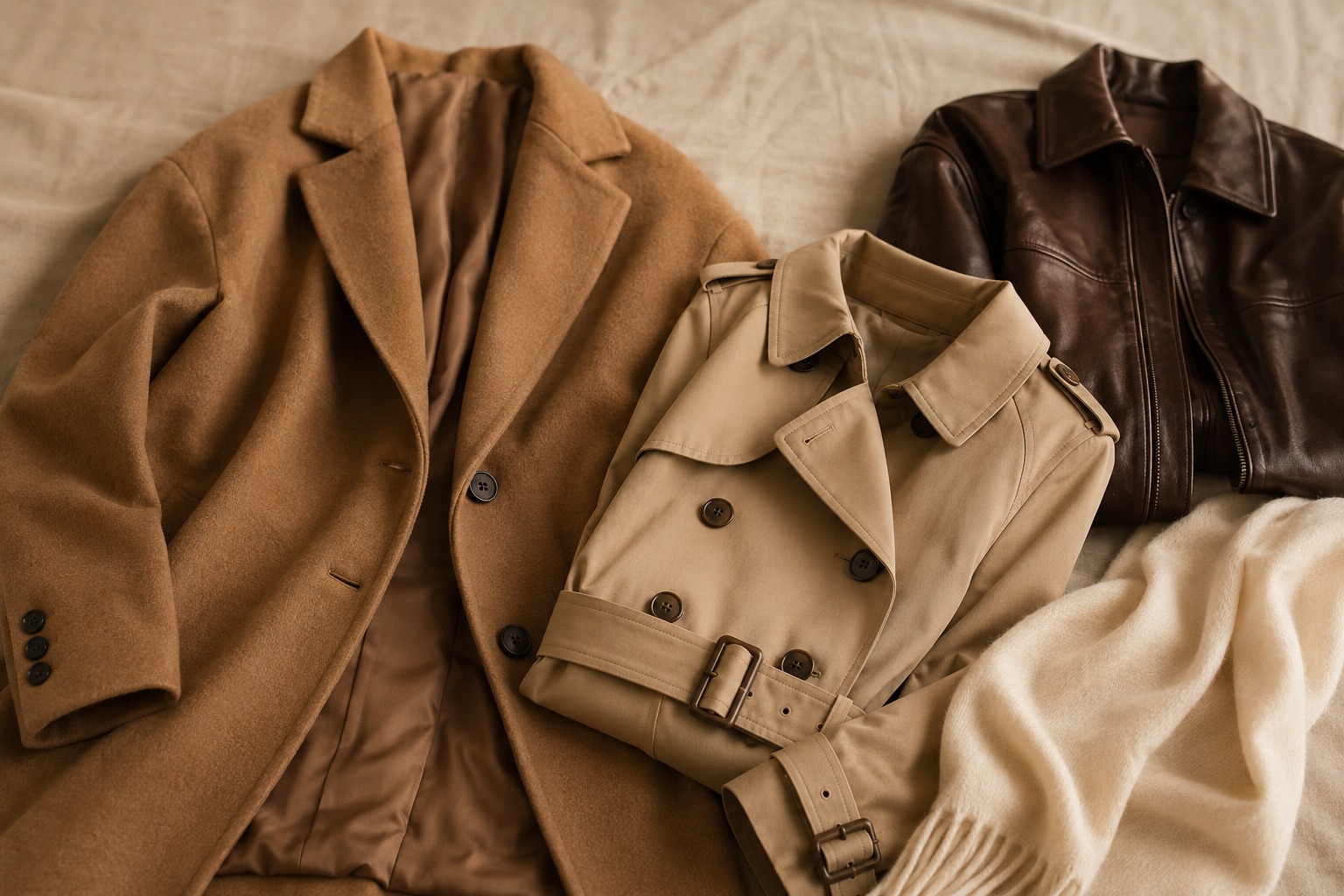 Composição com os três casacos essenciais do guarda-roupa cápsula: casaco de lã caramelo, trench coat bege clássico e jaqueta de couro marrom escuro