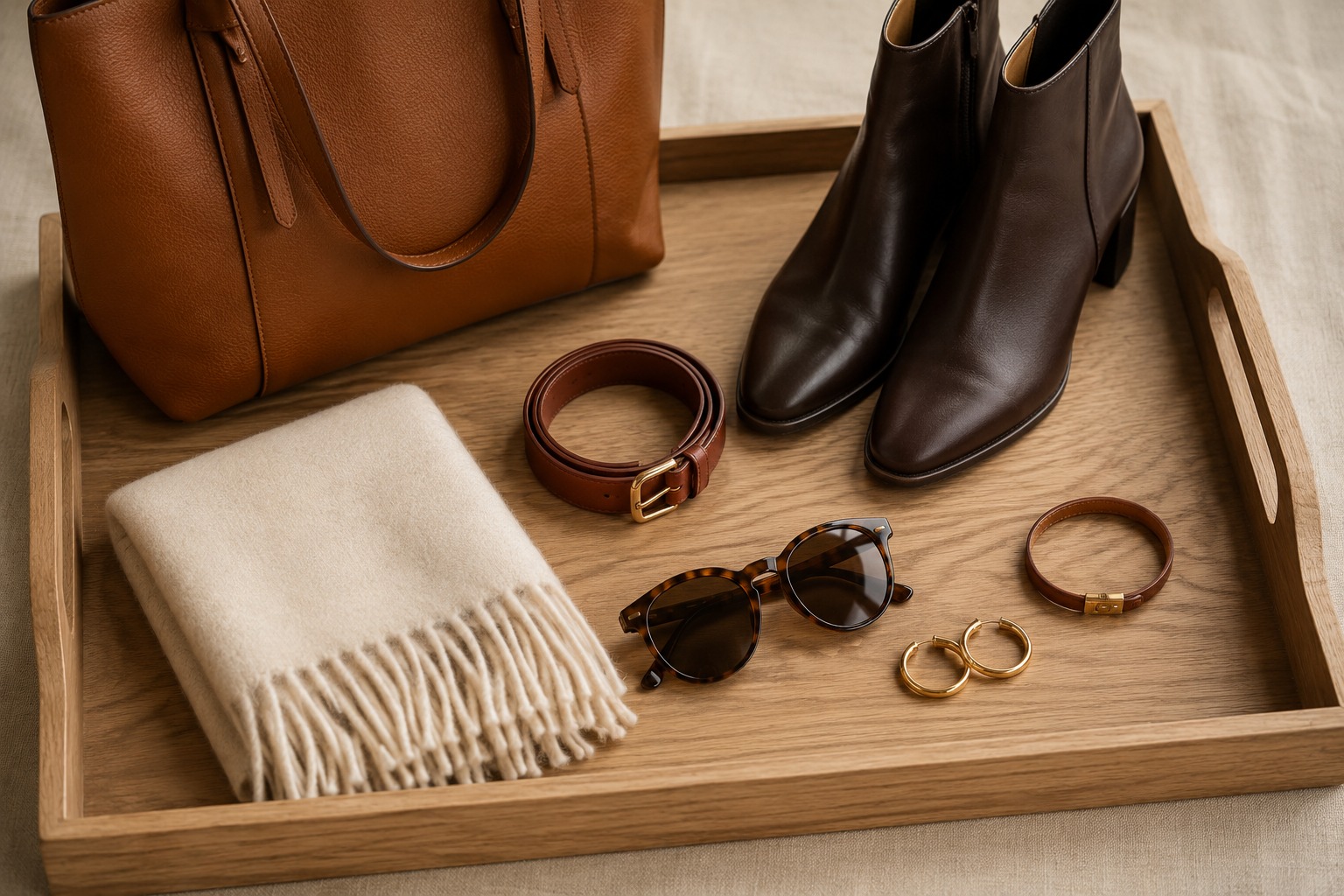 Bandeja de madeira com acessórios do guarda-roupa cápsula: bolsa tote caramelo, ankle boots marrons, cinto caramelo, cachecol creme, óculos tortoise e brincos dourados