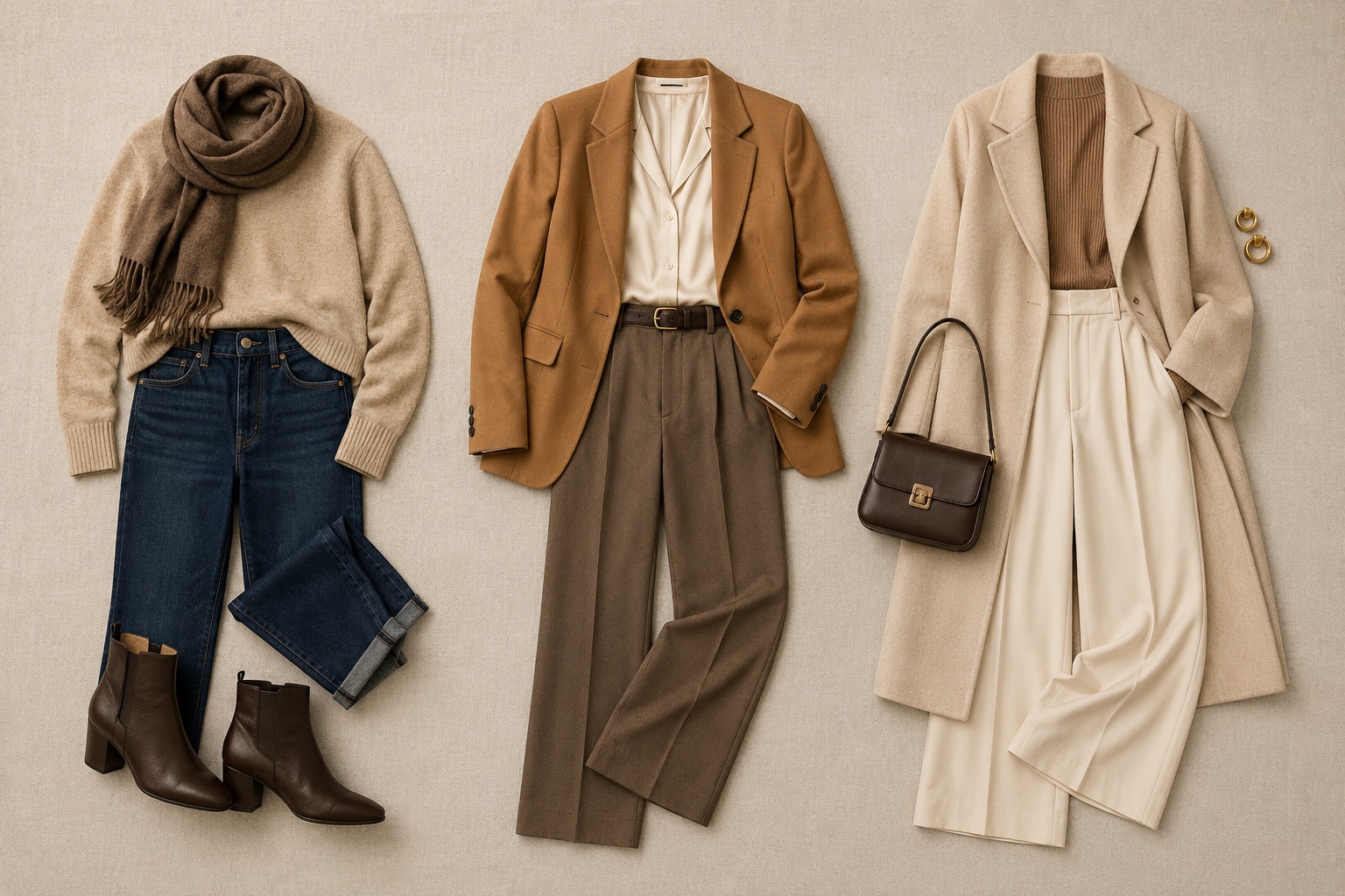 Três looks flat lay lado a lado montados com peças do guarda-roupa cápsula: look casual com jeans e suéter, look trabalho com blazer caramelo e calça marrom, look elegante com pantalona off-white e casaco bege