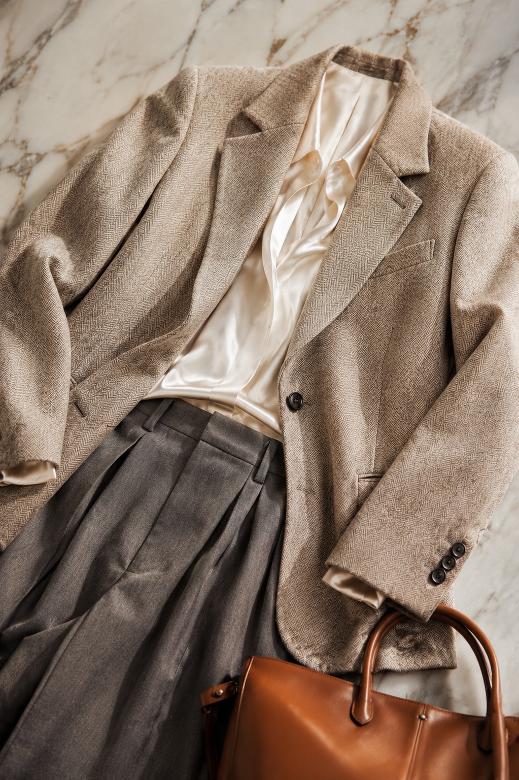 Flat lay de blazer oversized em tweed bege com calça wide-leg cinza — alfaiataria relaxada