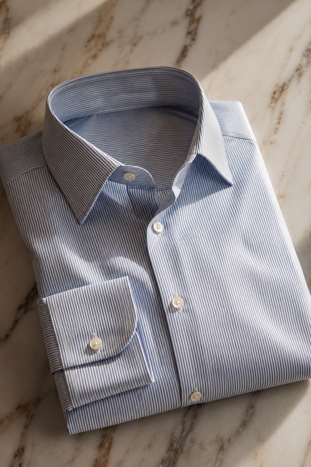 Close-up de camisa de seda listrada fina em azul e branco dobrada com esmero