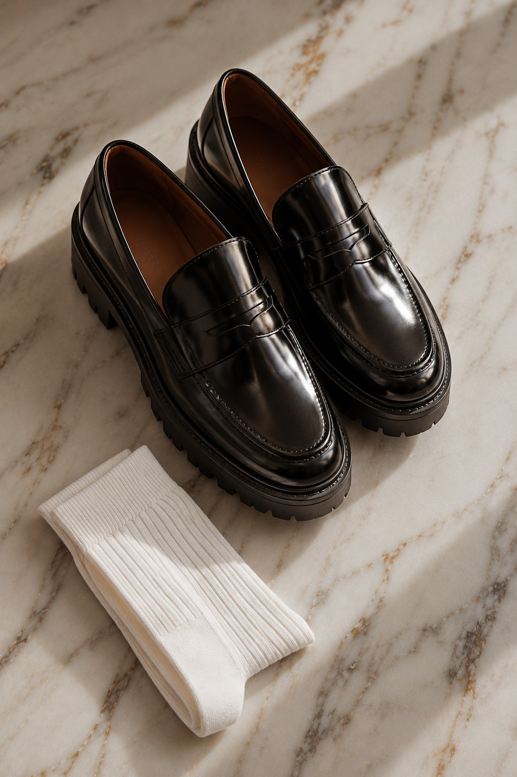 Flat lay de loafer chunky preto brilhante com meia branca dobrada — tendência corporativa 2026