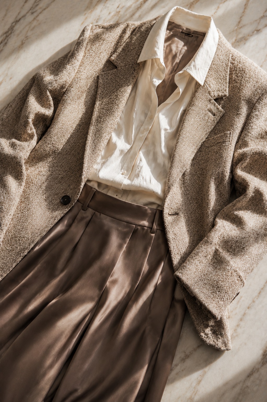Flat lay de mix de texturas: blazer de tweed, calça de cetim, camisa de algodão