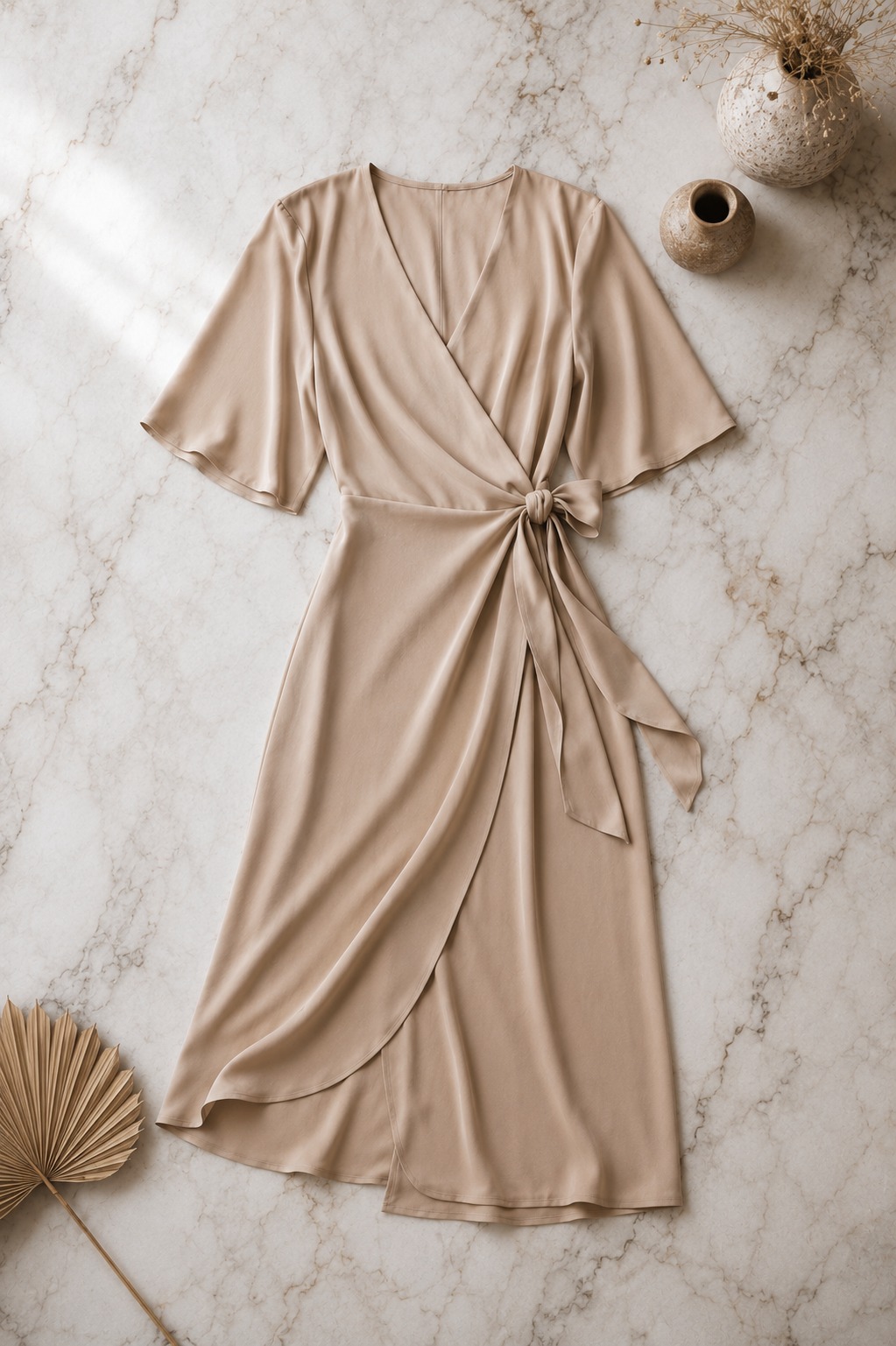 Flat lay de vestido wrap midi de crepe bege com amarração lateral — vestido que valoriza qualquer silhueta