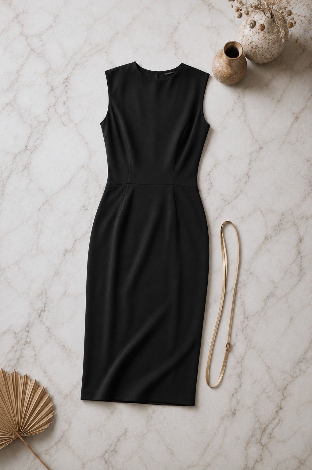Flat lay de vestido tubinho midi preto de malha estruturada com cinto fino dourado ao lado