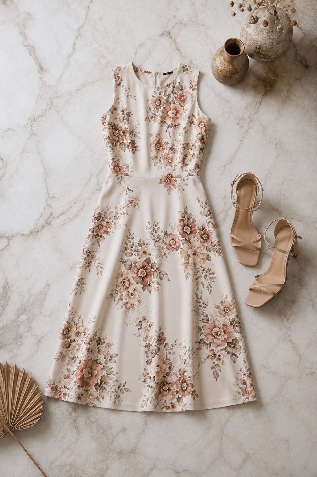 Flat lay de vestido evasê de seda com estampa floral em tons de bege e rose