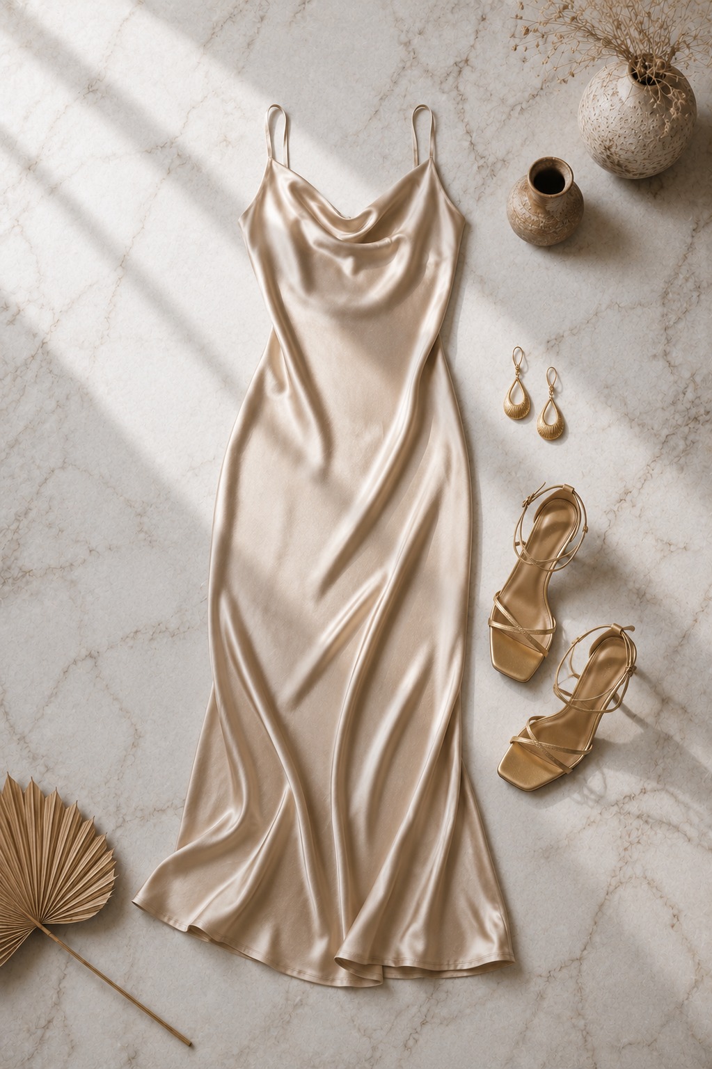 Flat lay de vestido longo de alças de cetim champagne com sandália dourada e brinco de gota