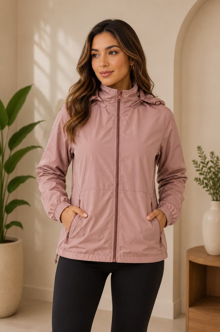 Mulher usando corta-vento feminino rosa com capuz