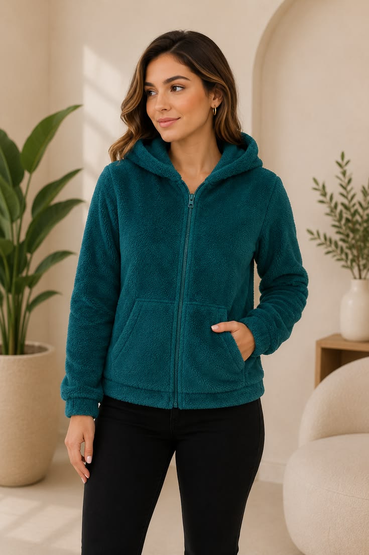 Mulher usando fleece com capuz verde petróleo