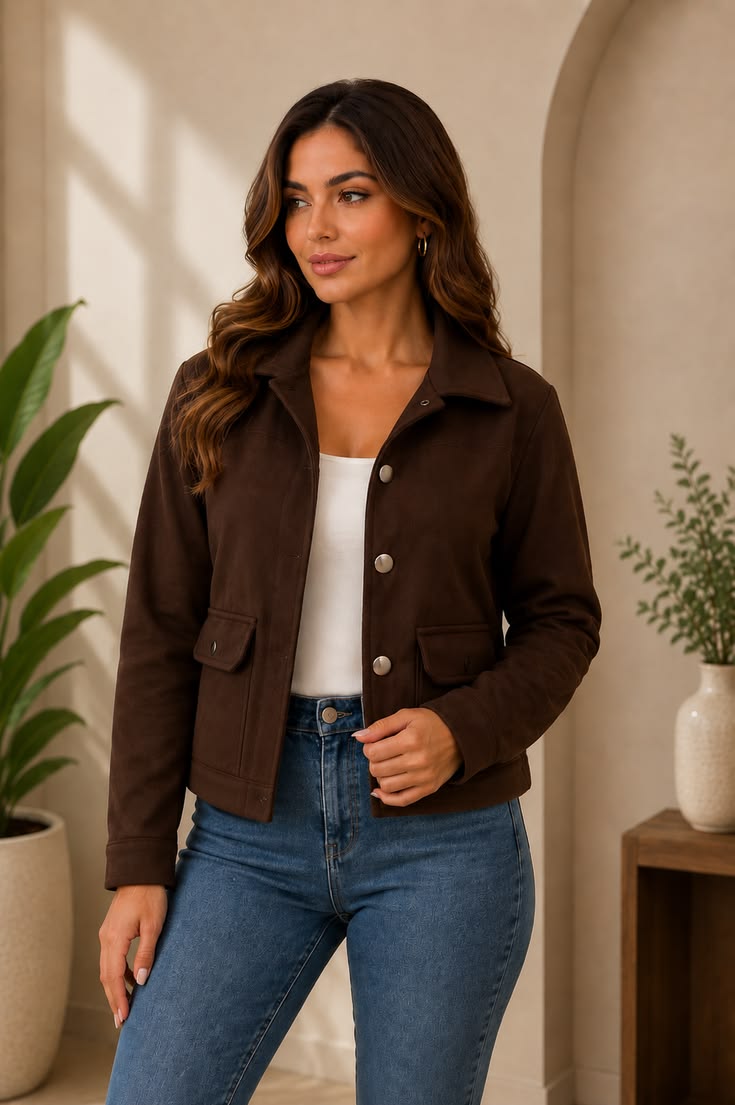 Mulher usando jaqueta suede marrom com botões e calça jeans