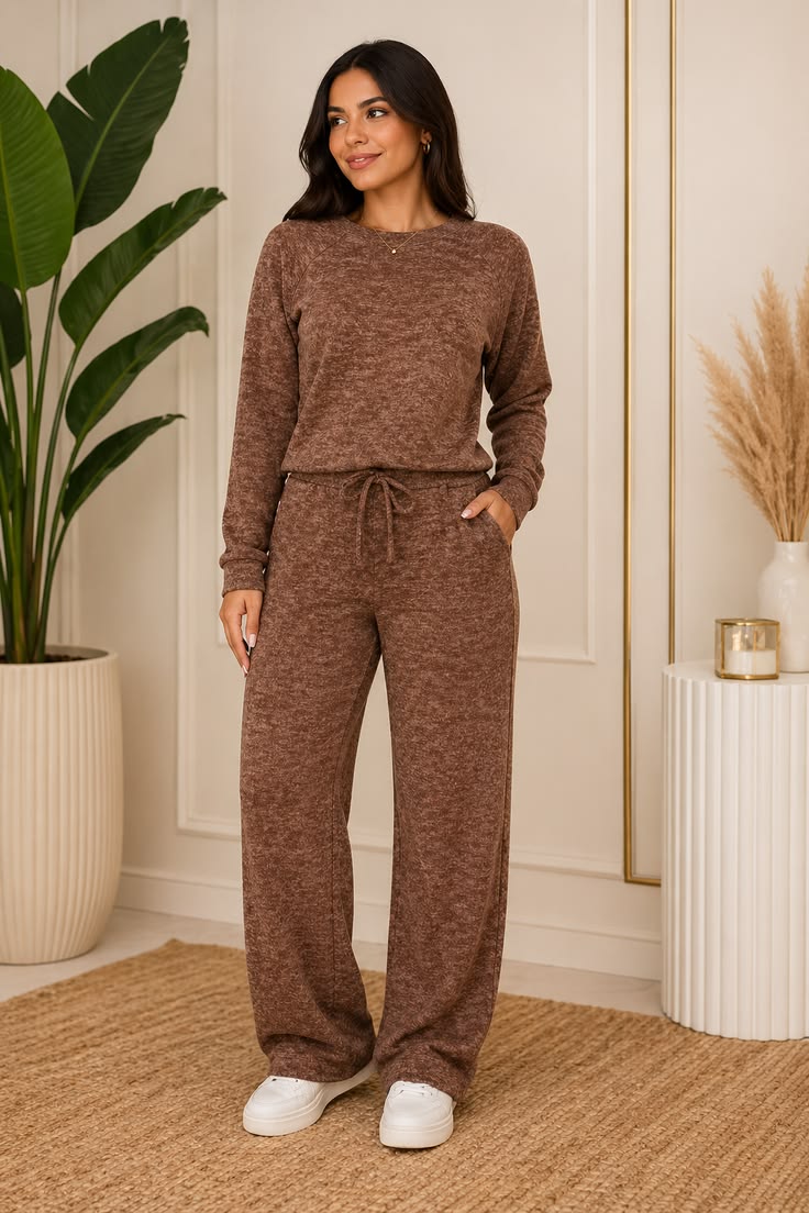 Conjunto canelado feminino marrom blusa manga longa e calça wide leg