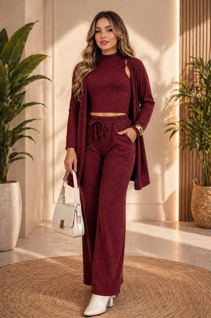 Conjunto 3 peças inverno feminino bordô cardigan cropped e calça wide leg tricot