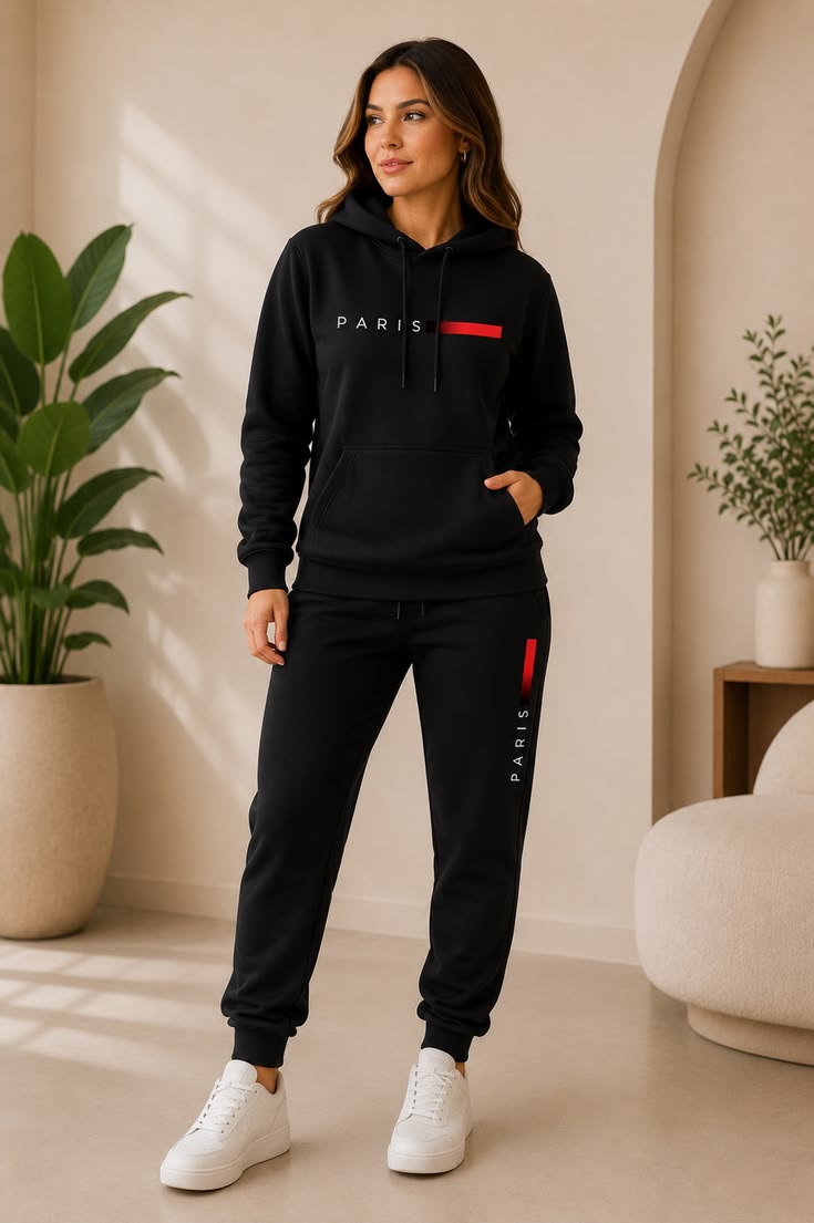 Conjunto moletom Paris feminino preto com hoodie e calça jogger