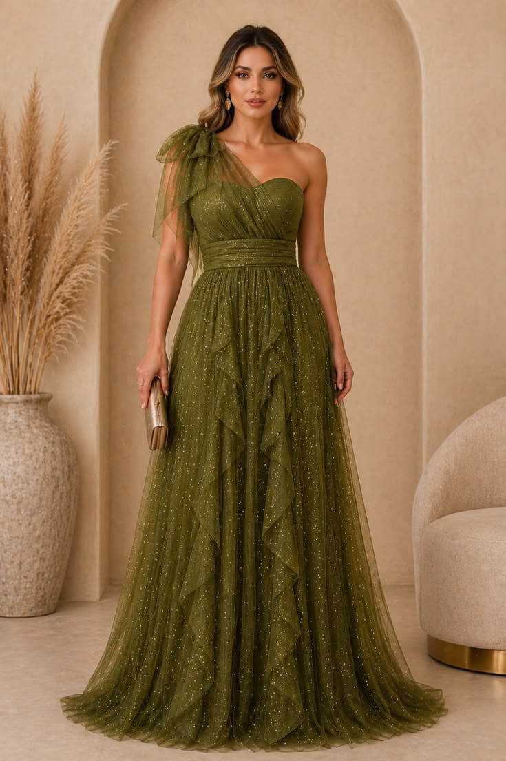Vestido longo de festa em tule verde oliva com glitter, um ombro e laço