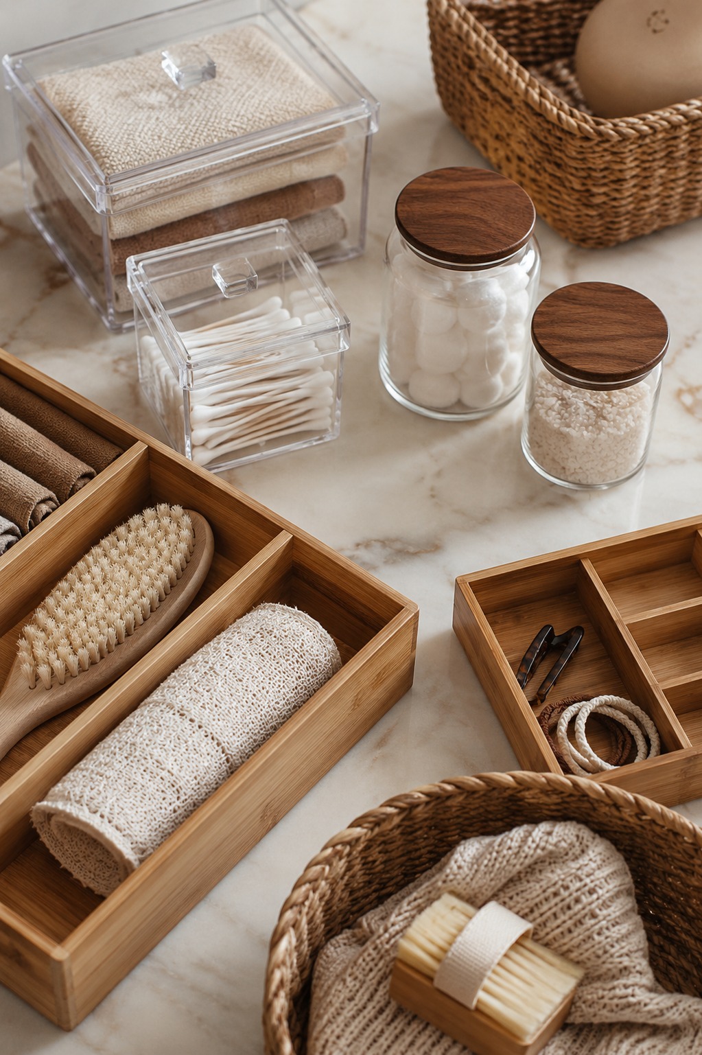 Flat lay de produtos de organização da Shopee: caixas, cestos e organizadores
