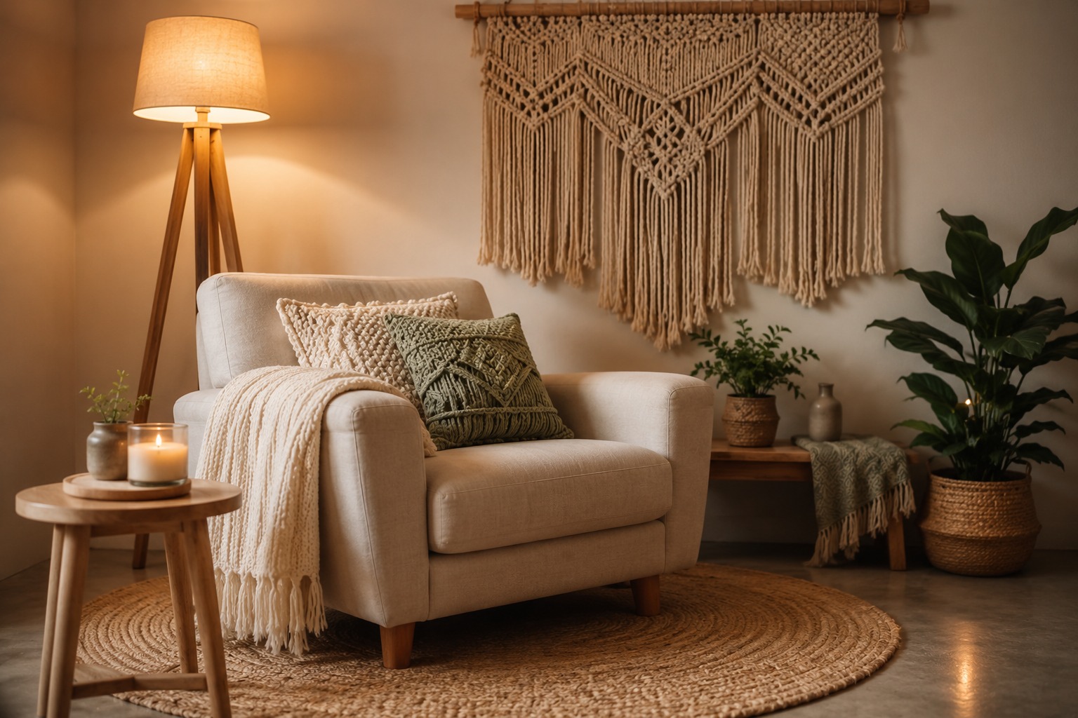 Cantinho aconchegante de inverno decorado com peças DIY: poltrona bege, manta de tricô, almofadas artesanais e luminária em madeira