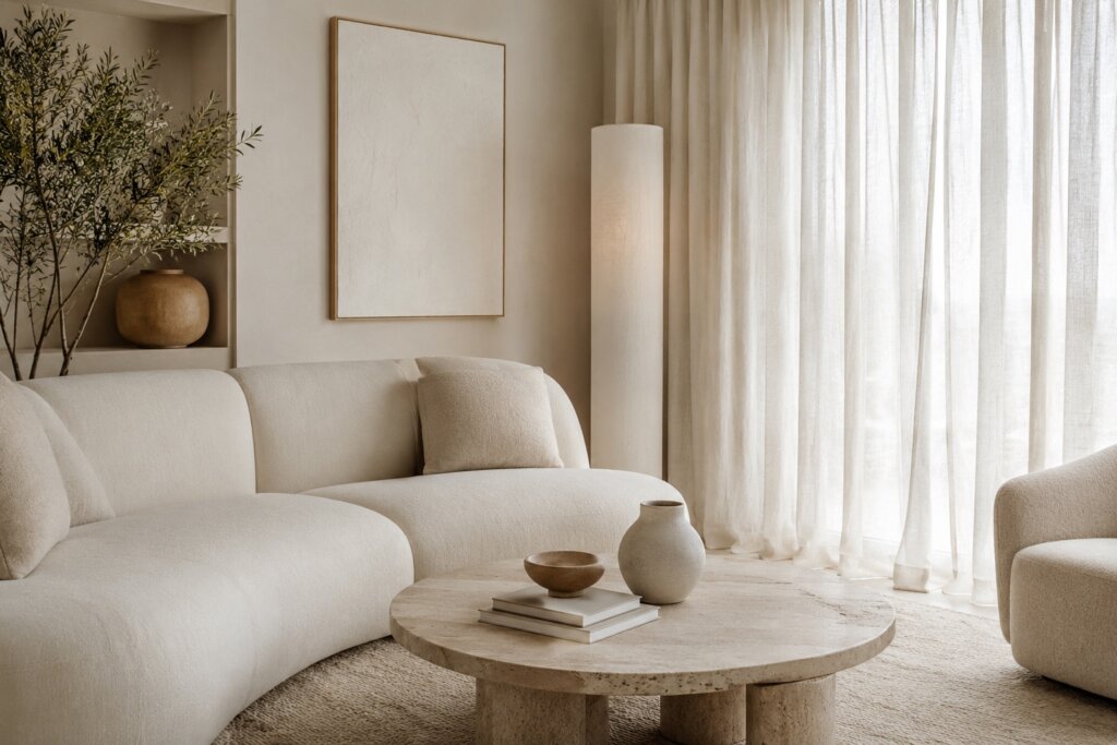 Sala neutra com cortinas de linho off-white indo do teto ao chão
