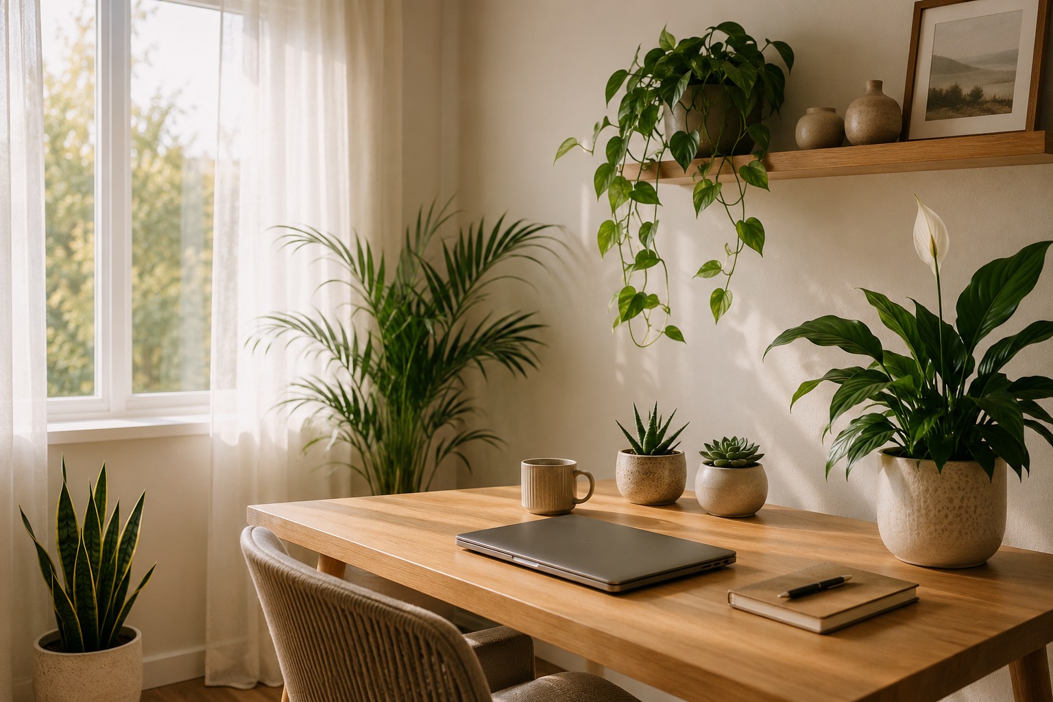 Mesa de home office organizada com várias plantas verdes em vasos de cerâmica, luz natural pela janela