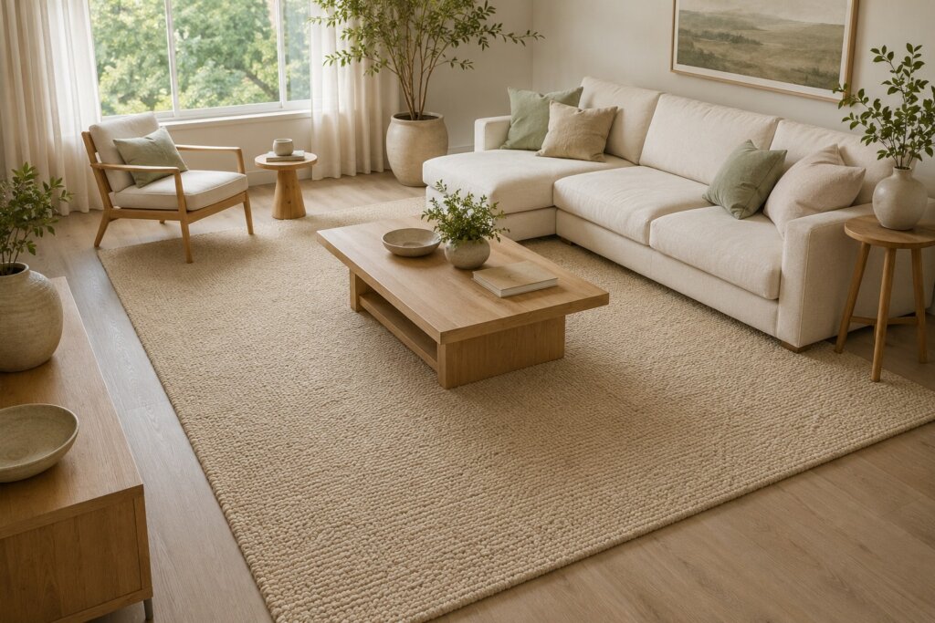 Sala de estar aconchegante com tapete de lã bege centralizado sob sofá off-white e mesa de centro de madeira