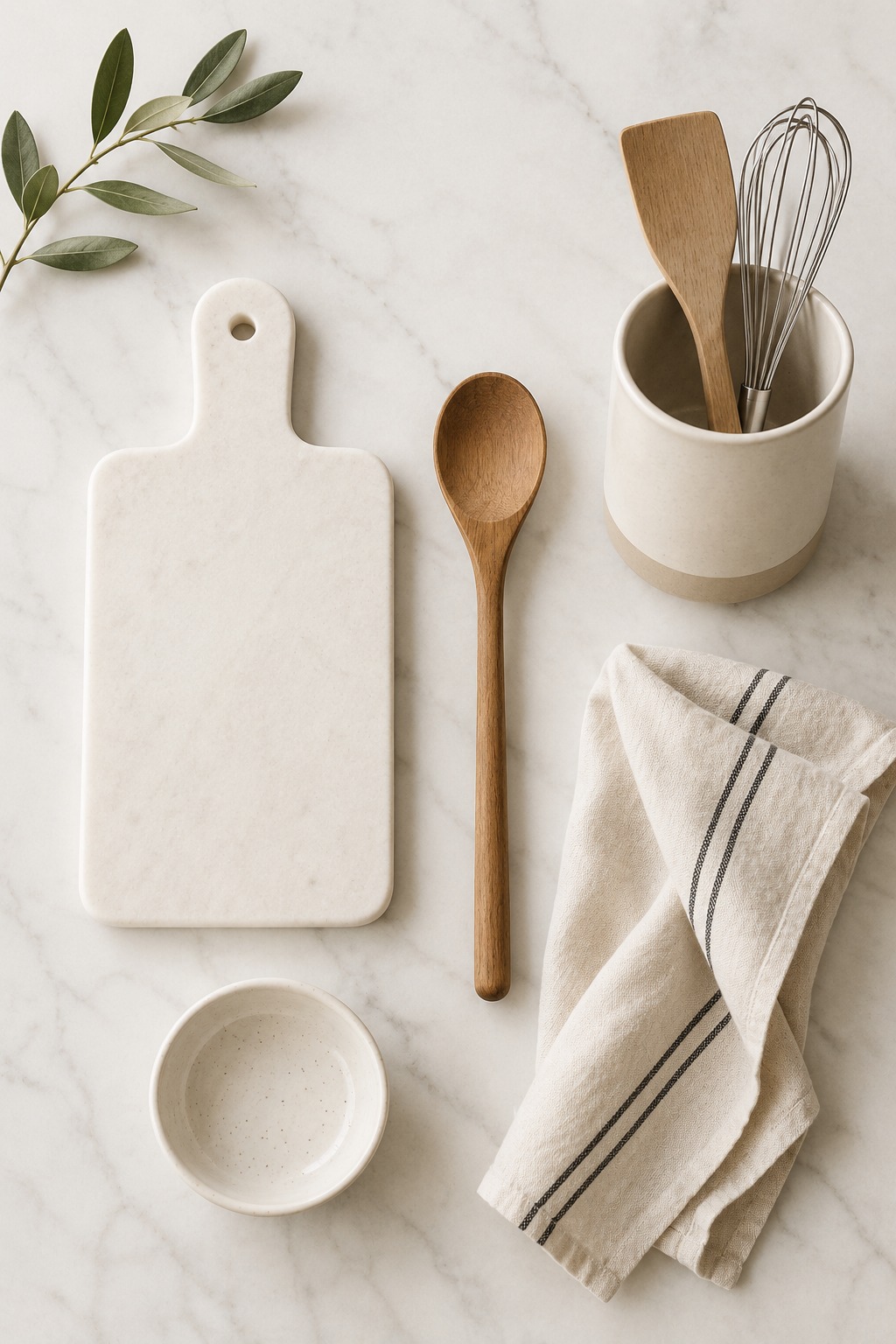 Flat lay de acessórios de cozinha: tábua branca, colher de madeira, pano de copa e porta-utensílios sobre mármore