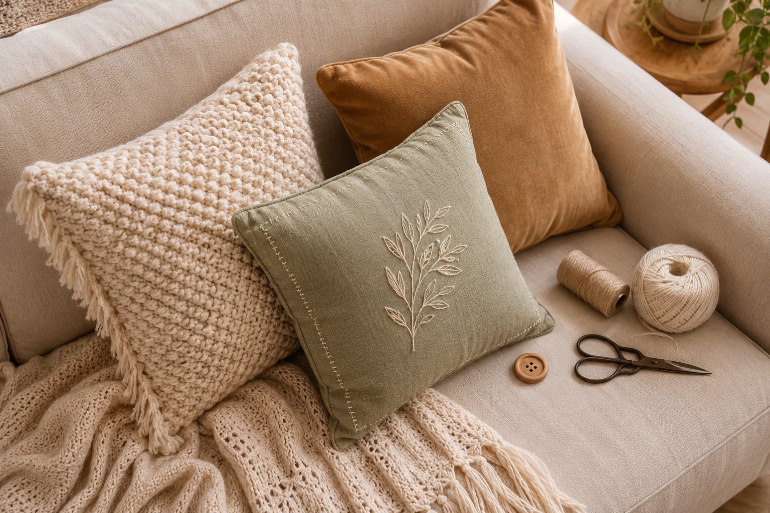 Almofadas artesanais DIY sobre sofá: uma em tricô off-white, outra em linho sage green bordado e outra em veludo caramelo