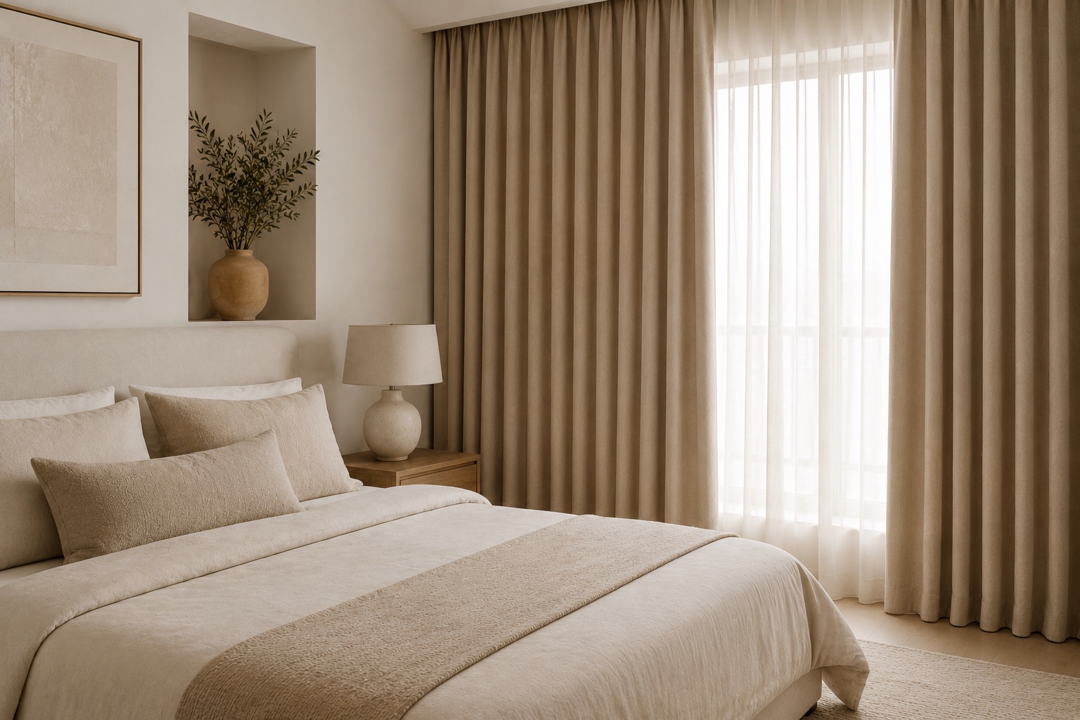 Quarto com cortinas blackout encorpadas em tom areia