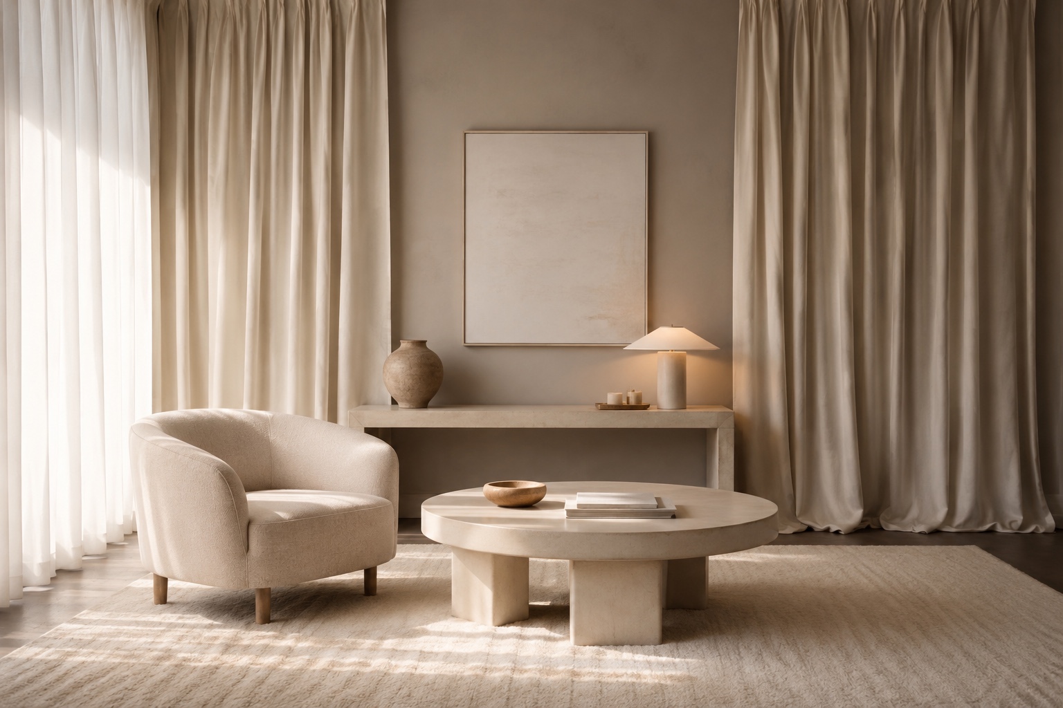 Sala elegante com cortinas off-white longas, visão geral