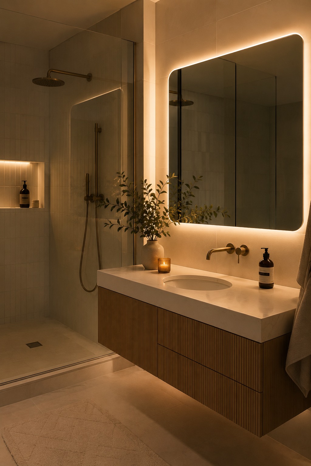 Iluminação ambiente no banheiro com espelho retroiluminado — banheiro luxuoso