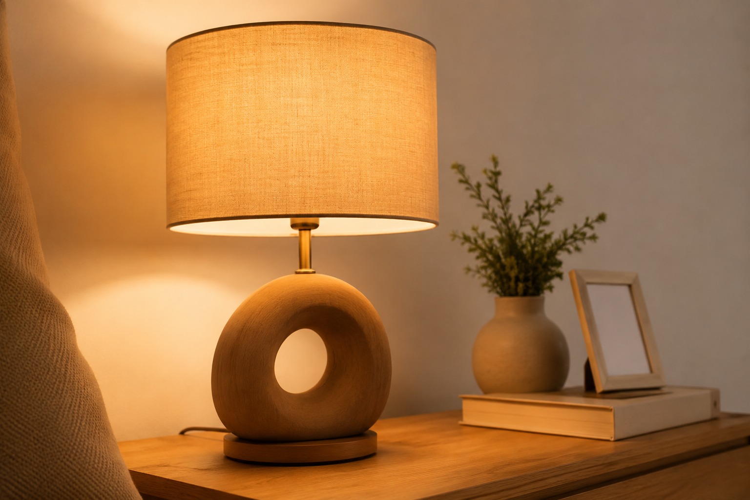 Luminária de mesa com cúpula de tecido adicionando luz e aconchego à decoração