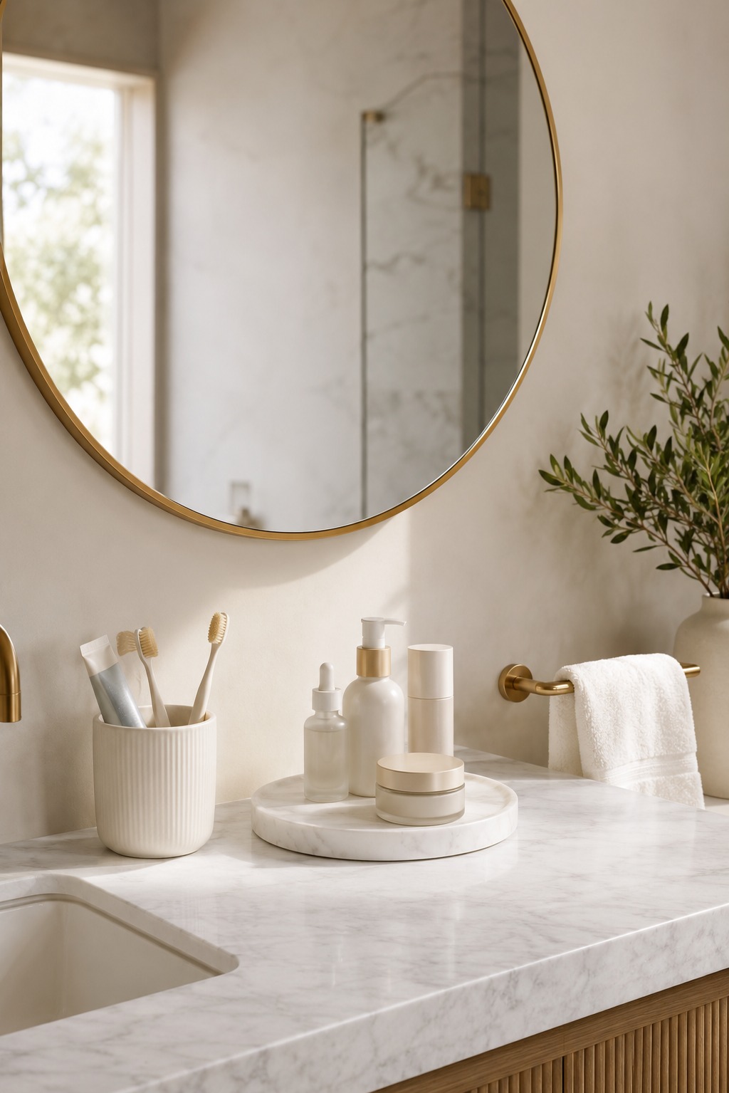 Bancada de banheiro marble com espelho redondo dourado, porta-escova, produtos skincare e toalha branca organizada