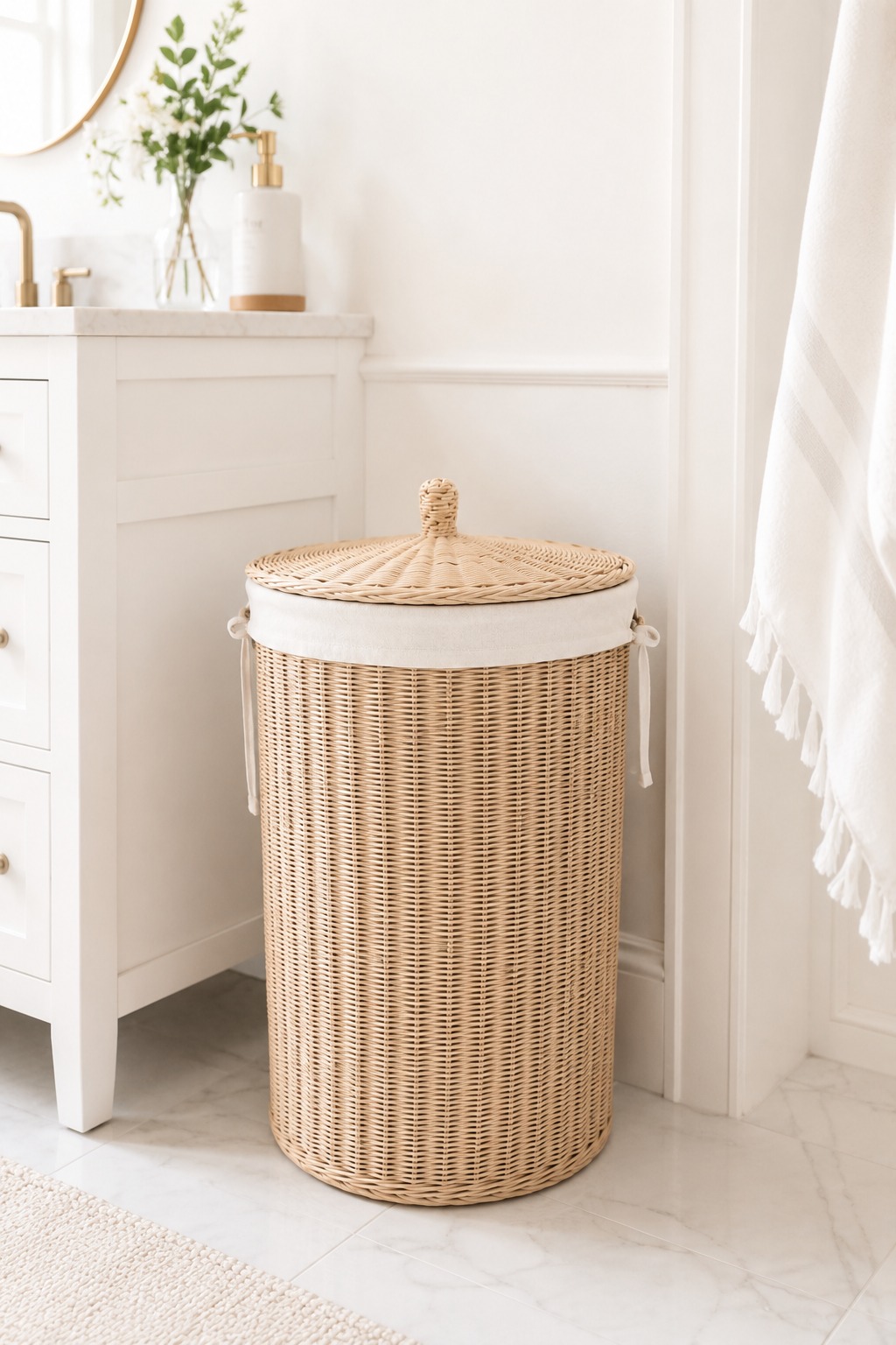 Cesto de fibra natural com tampa em bege no canto de um banheiro branco organizado