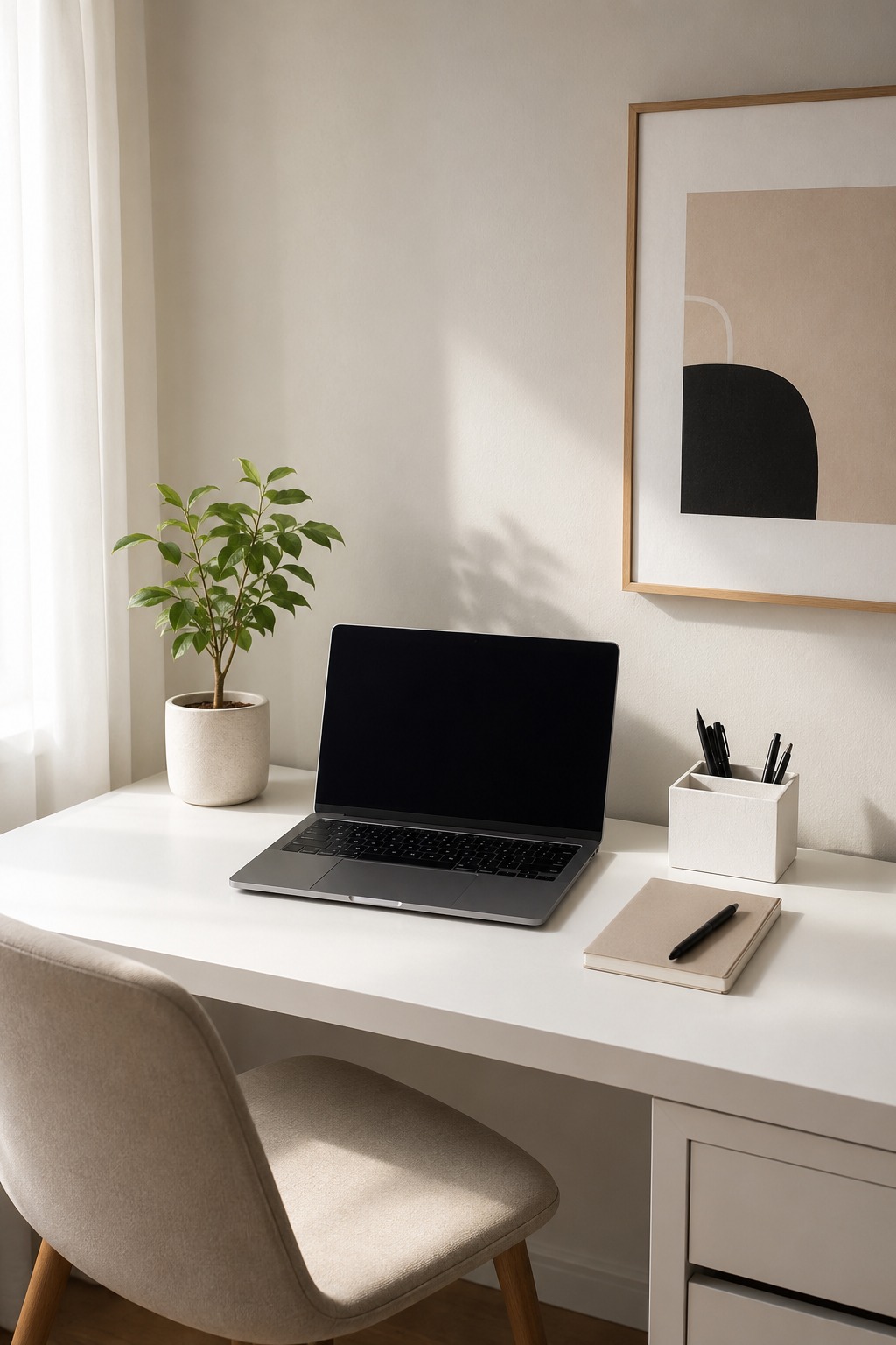 Mesa de trabalho minimalista organizada com laptop, caderno, porta-canetas branco e planta pequena sobre superfície branca