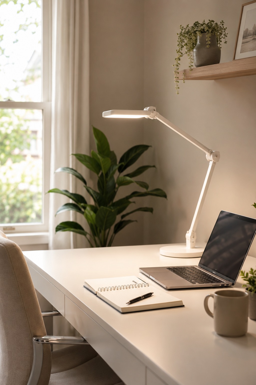 Mesa de home office com luminária LED articulada branca, laptop, caderno e luz natural da janela