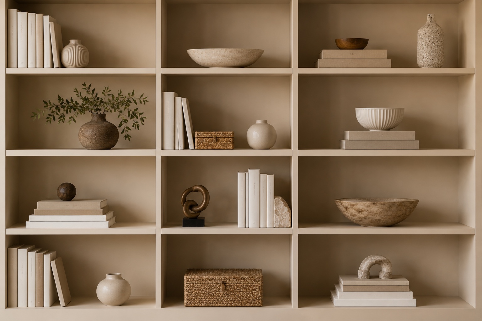 Estante com livros na vertical e horizontal e objetos decorativos