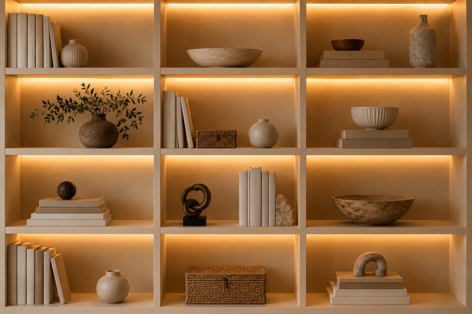 Estante de livros com iluminação LED quente embutida