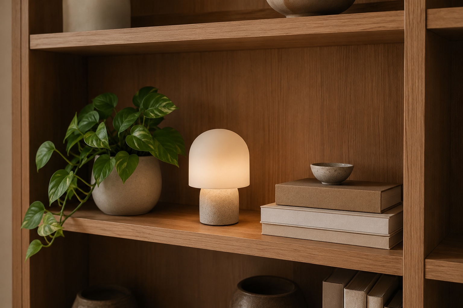 Prateleira com planta, luminária e objetos, toques finais