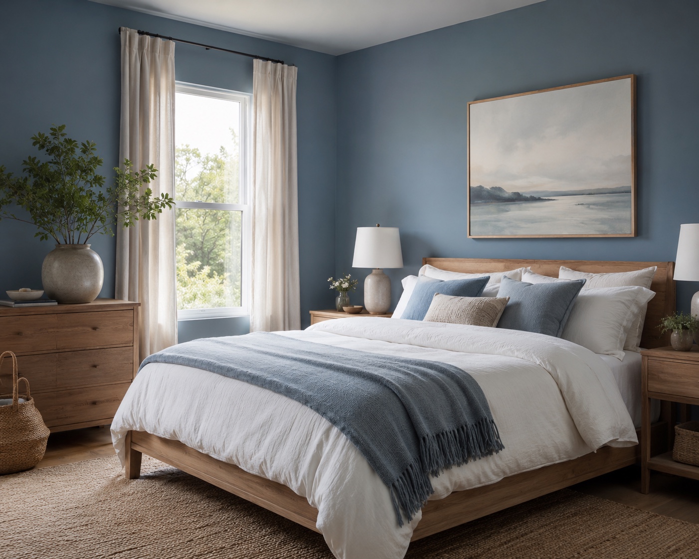 Quarto com paleta azul sereno: paredes em azul acinzentado e roupa de cama branca para um sono tranquilo